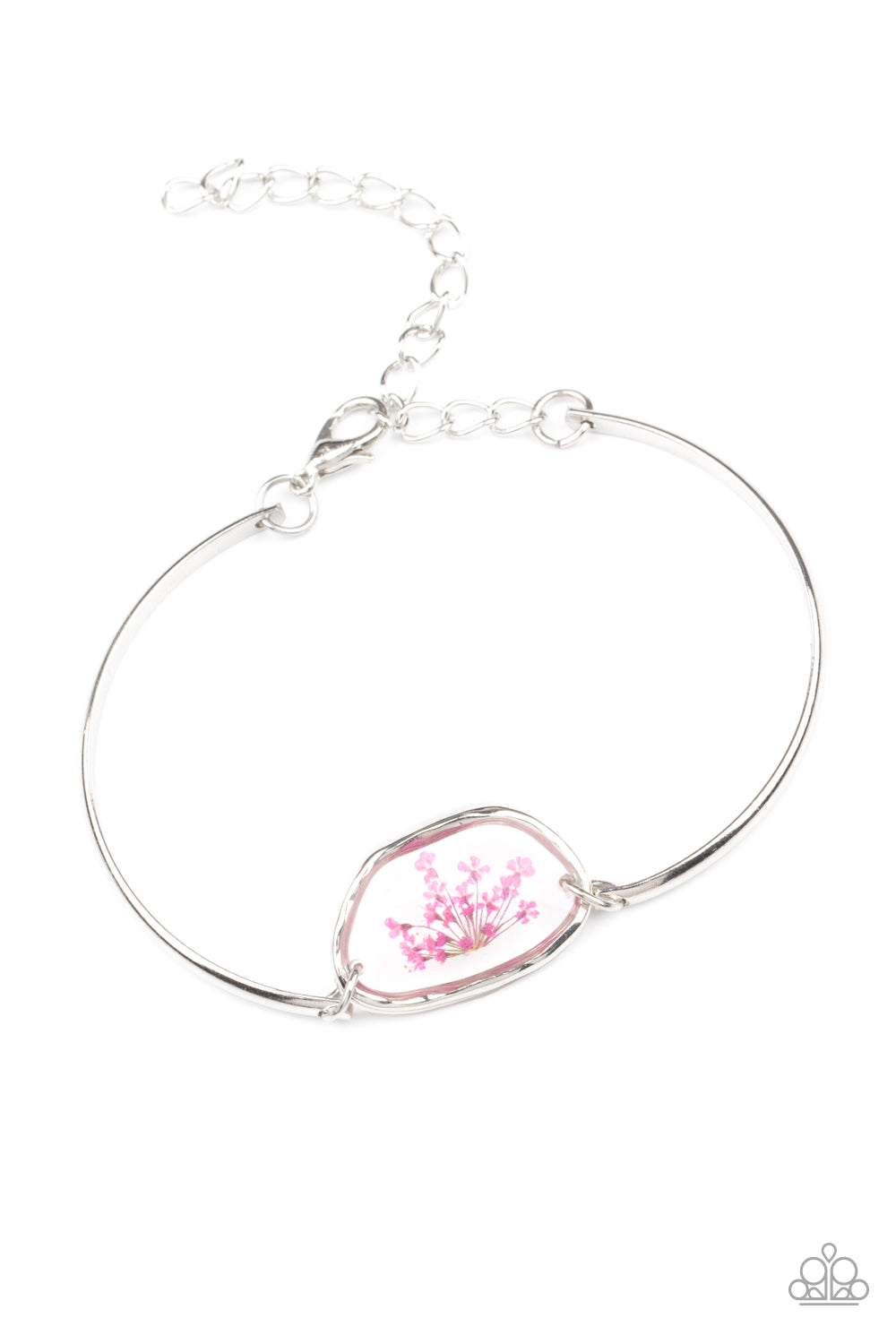 Encased inside an asymmetrical glass casing, a dainty pink firework flower centerpiece attaches to two arcing silver bars around the wrist for a whimsical floral look. Features an adjustable clasp closure.  Sold as one individual bracelet.