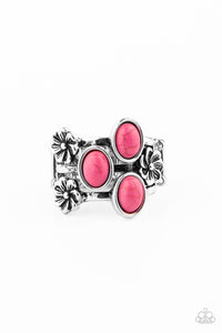 Dotted with antiqued silver floral frames and vivacious pink stone accents, three silver bands arc across the finger for a whimsically layered look. Features a stretchy band for a flexible fit.