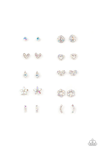 Dotted with dainty iridescent rhinestones, the silver frames feature round, bow, floral, heart, and linear shapes. Earrings attach to standard post fittings.