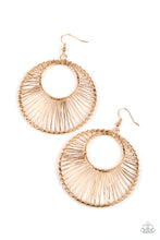 Load image into Gallery viewer, Glistening gold wire wraps around two gold hoops, creating an airy crescent shaped frame for an artisan inspired fashion. Earring attaches to a standard fishhook fitting.  Sold as one pair of earrings.
