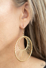 Load image into Gallery viewer, Glistening gold wire wraps around two gold hoops, creating an airy crescent shaped frame for an artisan inspired fashion. Earring attaches to a standard fishhook fitting.  Sold as one pair of earrings.
