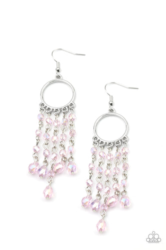 Glittery rows of iridescently pink crystal-like beads stream from the bottom of a dainty silver hoop, creating a dazzling chandelier. Earring attaches to a standard fishhook fitting.  Sold as one pair of earrings.