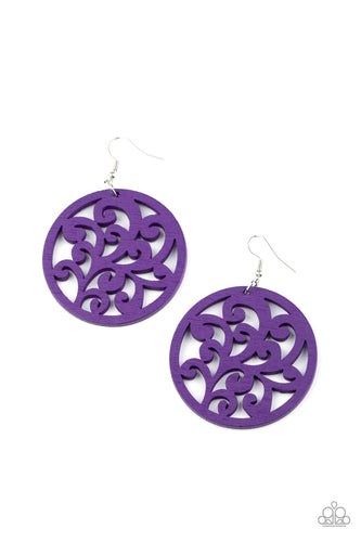 Stenciled in vine-like filigree, a Magenta Purple wooden frame swings from the ear for an earthy look. Earring attaches to a standard fishhook fitting.
