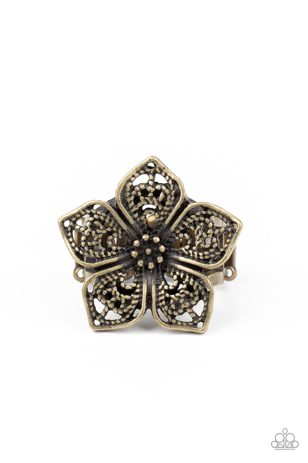 Brushed in an antiqued shimmer, lacy brass petals bloom from a studded center, creating a whimsical flower atop the finger. Features a stretchy band for a flexible fit.