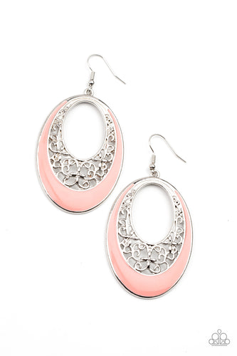 Featuring a refreshing Burnt Coral accent, airy vine-like filigree climbs the inside of a silver oval, creating a colorful display. Earring attaches to a standard fishhook fitting.  Sold as one pair of earrings.