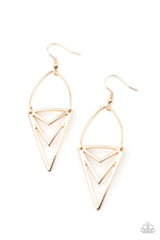 Load image into Gallery viewer, Attached to a dainty gold wire fitting, an edgy triangular frame swings from the ear for a bold tribal look. Earring attaches to a standard fishhook fitting.  Sold as one pair of earrings.
