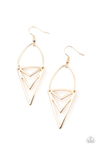 Attached to a dainty gold wire fitting, an edgy triangular frame swings from the ear for a bold tribal look. Earring attaches to a standard fishhook fitting.  Sold as one pair of earrings.