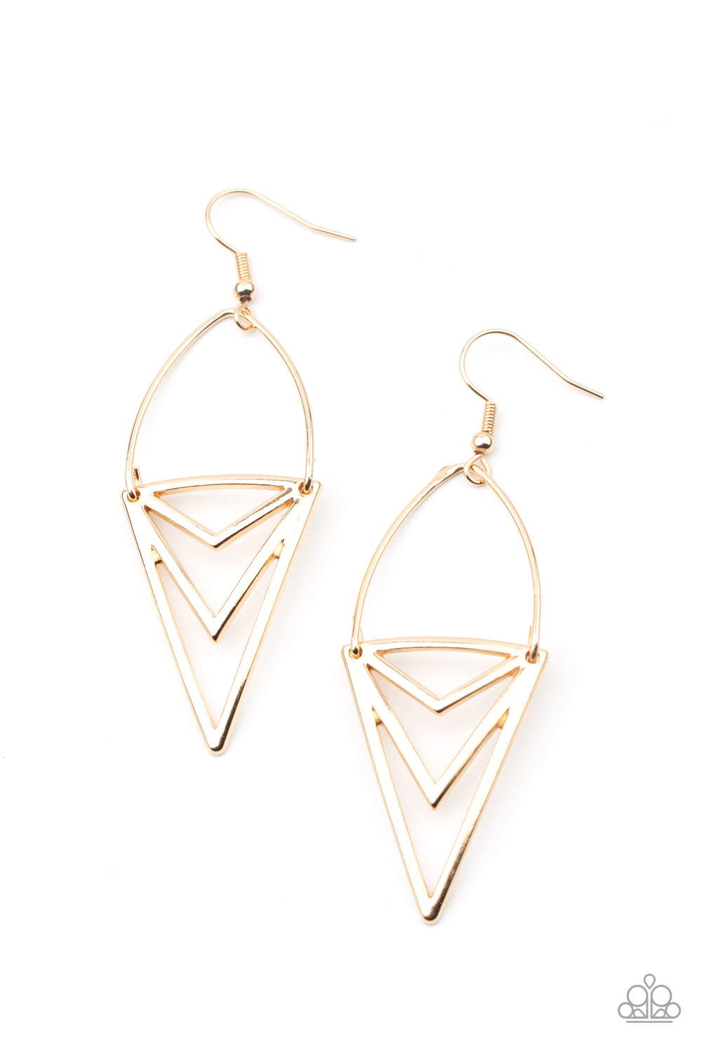 Attached to a dainty gold wire fitting, an edgy triangular frame swings from the ear for a bold tribal look. Earring attaches to a standard fishhook fitting.  Sold as one pair of earrings.