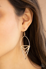 Load image into Gallery viewer, Attached to a dainty gold wire fitting, an edgy triangular frame swings from the ear for a bold tribal look. Earring attaches to a standard fishhook fitting.  Sold as one pair of earrings.
