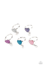 Load image into Gallery viewer, Featuring dangling white rhinestone accents, the glittery heart frames vary in shades purple, pink, blue, silver, and multicolored.
