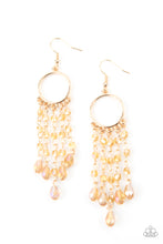 Load image into Gallery viewer, Glittery rows of iridescently golden crystal-like beads stream from the bottom of a dainty gold hoop, creating a dazzling chandelier. Earring attaches to a standard fishhook fitting.
