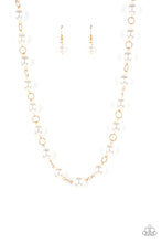 Load image into Gallery viewer, Textured gold rings and oversized white pearls delicately link into a bubbly statement piece below the collar. Features an adjustable clasp closure.  Sold as one individual necklace. Includes one pair of matching earrings.
