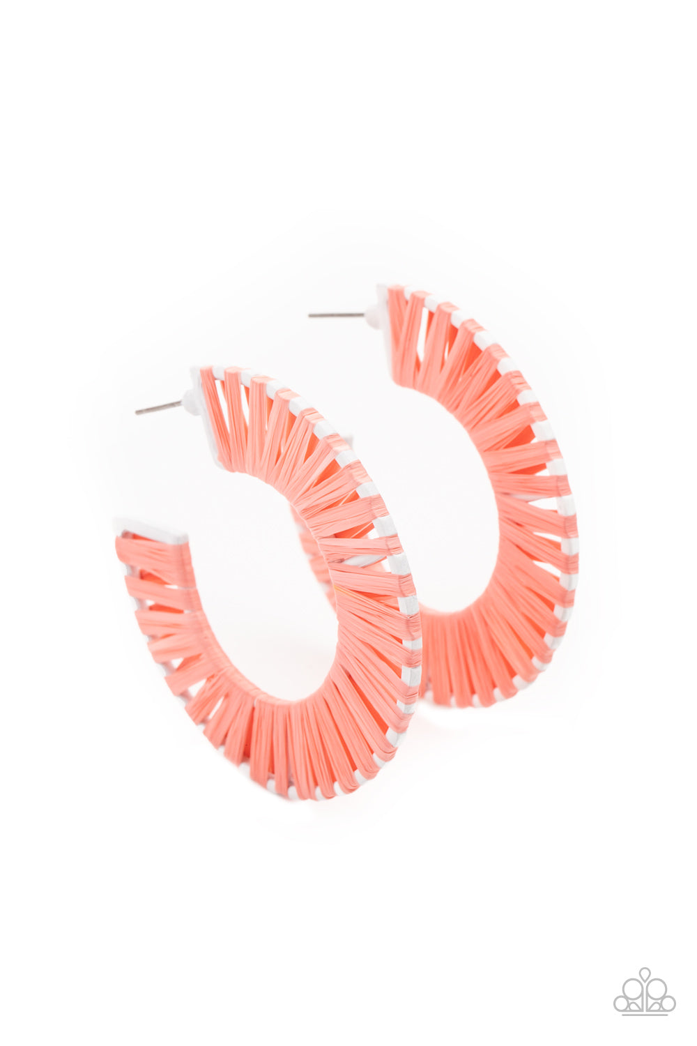 Coral wicker-like cording is wrapped around a white hoop, creating a refreshing pop of color. Earring attaches to a standard post fitting. Hoop measures approximately 1 3/4