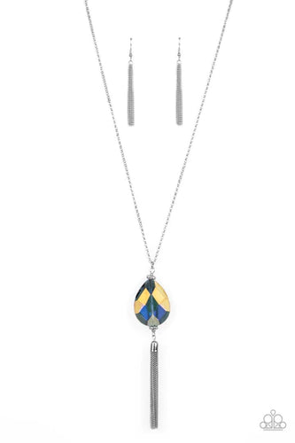 Infused with a glistening silver chain tassel, an oversized purple UV teardrop gem swings from the bottom of a lengthened silver chain for a glamorously glitzy finish. Features an adjustable clasp closure.  Sold as one individual necklace. Includes one pair of matching earrings.