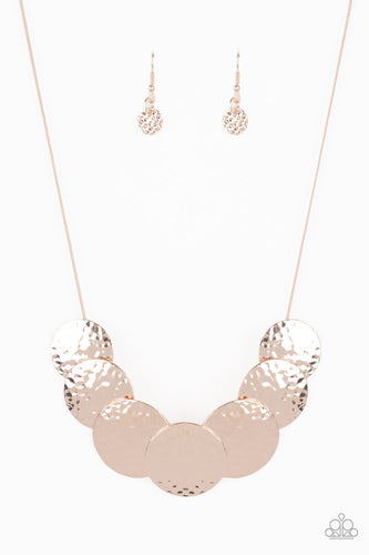Hammered rose gold discs slide along a rounded snake chain, overlapping into a blinding statement piece below the collar. Features an adjustable clasp closure.
