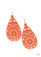 Load image into Gallery viewer, A refreshing Amberglow wooden teardrop is cut into a stenciled floral pattern, creating a whimsical lure. Earring attaches to a standard fishhook fitting.
