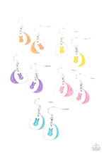 Load image into Gallery viewer, Featuring glittery eggs and airy rabbit cutouts, the colorful Easter inspired frames vary in shades of yellow, blue, purple, orange, and pink. Earrings attach to standard fishhook fittings.
