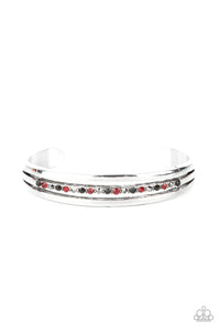 Two glistening silver bars flank a row of black, red, and hematite rhinestones, coalescing into a dainty layered cuff around the wrist for a dash of refined edge.  Sold as one individual bracelet.
