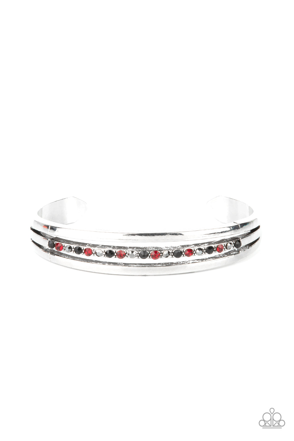 Two glistening silver bars flank a row of black, red, and hematite rhinestones, coalescing into a dainty layered cuff around the wrist for a dash of refined edge.  Sold as one individual bracelet.