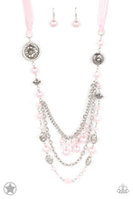 Load image into Gallery viewer, A silky pink ribbon replaces a traditional chain to give an elegant look. Pearly pastel pink beads and funky silver pieces intermix with varying lengths of silver chains to give a fresh take on a Victorian-inspired piece.  Sold as one individual necklace. Includes one pair of matching earrings.
