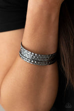 Load image into Gallery viewer, Embossed in slanted ribbons of textured and studded hammered patterns, trios of mismatched gunmetal bangles stack across the wrist for an intense industrial vibe.  Sold as one set of six bracelets.
