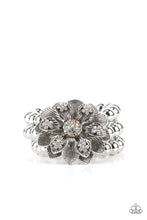 Load image into Gallery viewer, A daring oversized silver flower is composed of petals lined in antiqued silver and dotted with glistening dainty white rhinestones. Life of the Party Exclusive January 2022
