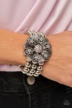 Load image into Gallery viewer, A daring oversized silver flower is composed of petals lined in antiqued silver and dotted with glistening dainty white rhinestones. Life of the Party Exclusive January 2022
