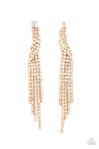 Encased in glistening gold fittings, dainty strands of glittery white rhinestones delicately overlap into a tapered tassel for a twinkly look. Earring attaches to a standard post fitting.