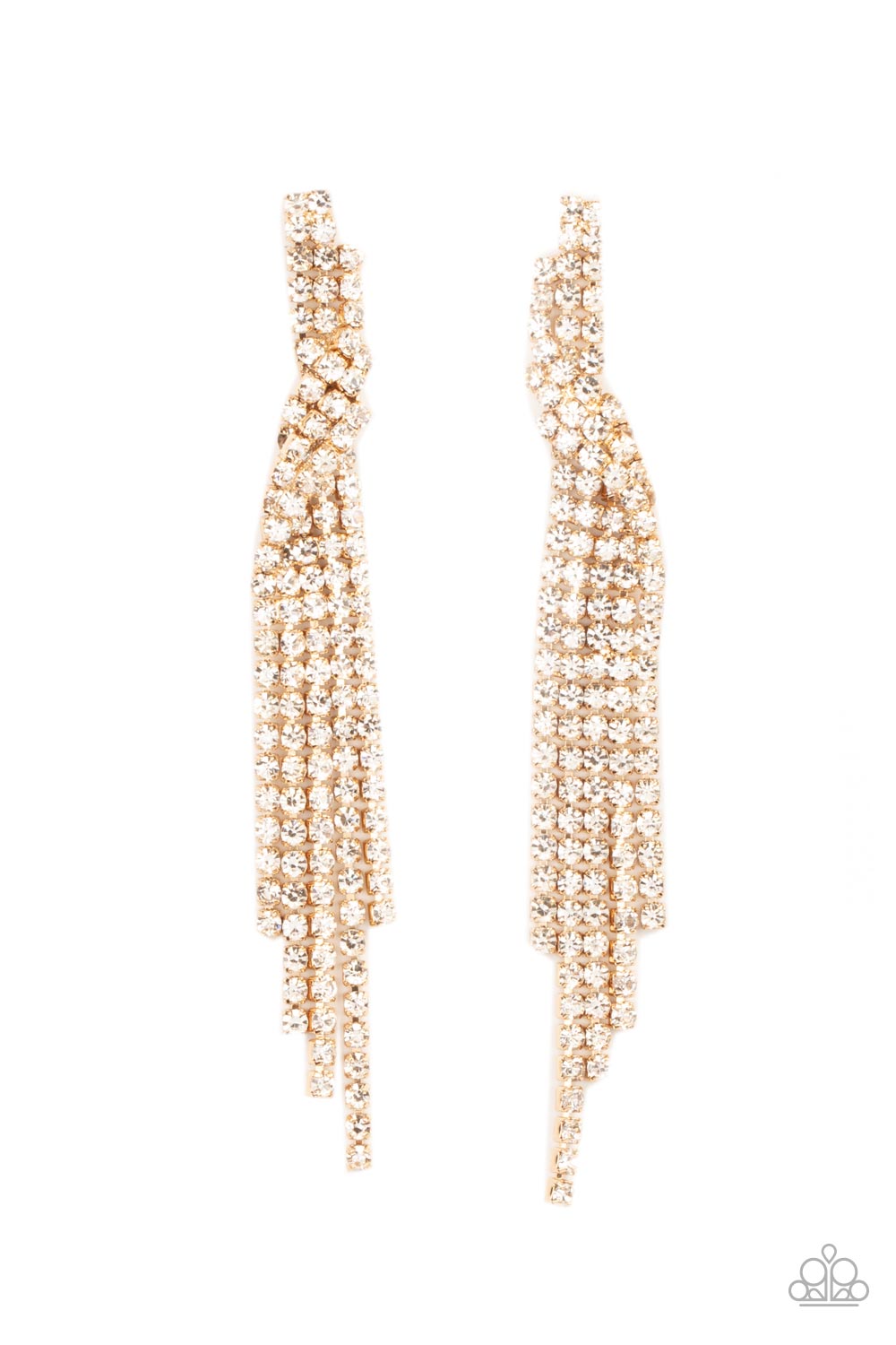 Encased in glistening gold fittings, dainty strands of glittery white rhinestones delicately overlap into a tapered tassel for a twinkly look. Earring attaches to a standard post fitting.