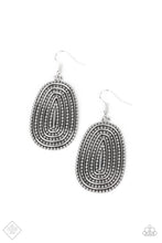 Load image into Gallery viewer, Rows of antiqued silver dotted texture radiate outward from an embossed center. The concentric lines create a rippling effect across the frame resulting in a rustic finish. Earring attaches to a standard fishhook fitting.  Sold as one pair of earrings.
