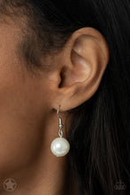 Load image into Gallery viewer, A half-shell studded in rhinestones overhangs a cluster of ivory pearls, tassels of silver chain, and small crystals. Two large wire mesh spheres and larger ivory pearls decorate the neckline.  Sold as one individual necklace. Includes one pair of matching earrings.
