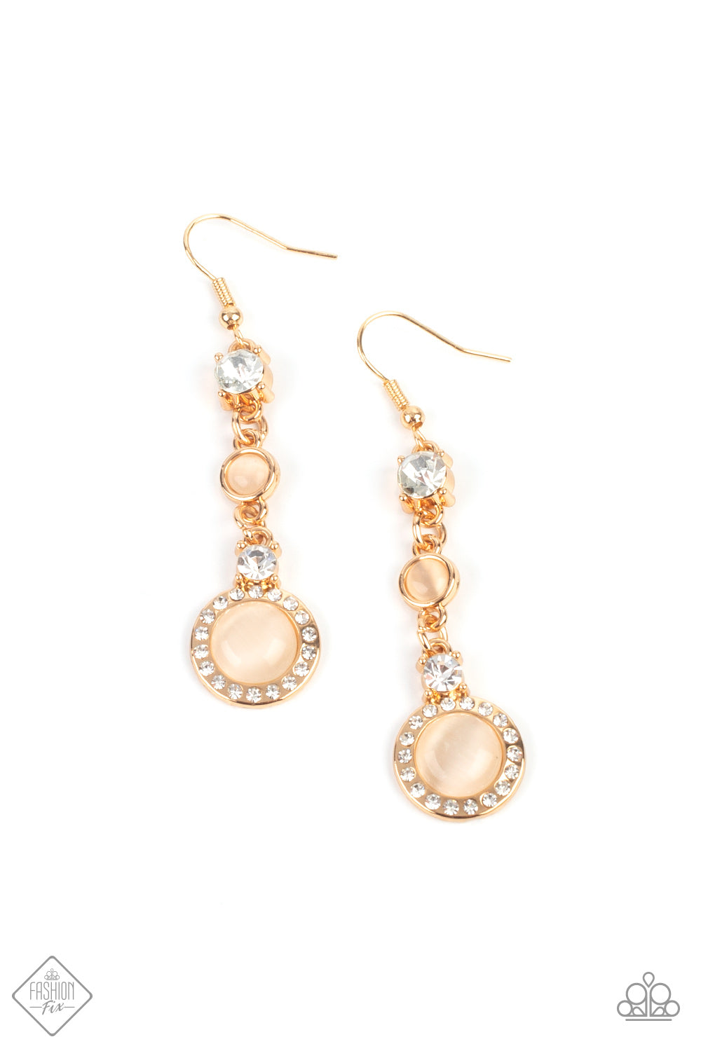 A glassy white rhinestone and champagne cat’s eye stone give way to a combination of two whimsy frames encircled in a ring of dainty white rhinestones, creating an elegant lure. Earring attaches to a standard fishhook fitting.  Sold as one pair of earrings.  New Kit Fashion Fix