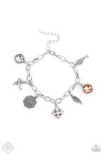 Load image into Gallery viewer, Multicolored gems, a floral medallion, a bird in flight, and a fluttering feather coalesce into a whimsical charm bracelet as they dangle from a delicate silver chain around the wrist. Features an adjustable clasp closure.  Sold as one individual bracelet.  New Kit Fashion Fix
