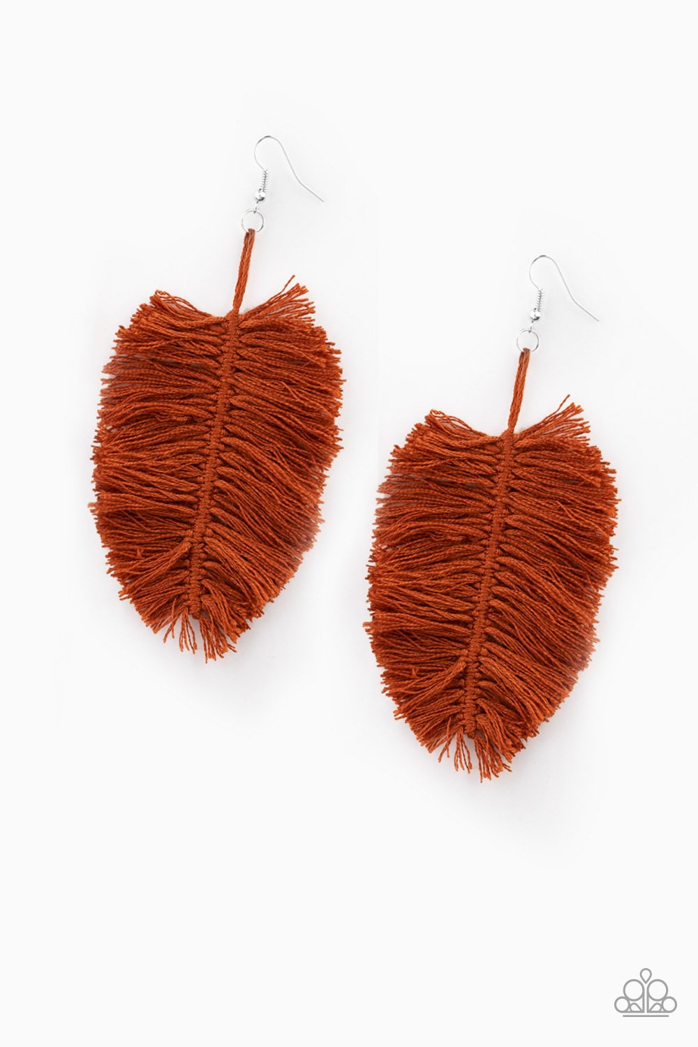 Featuring an earthy brown hue reminiscent of terracotta, a loop of thread gives way to a leafy brown fringe, creating a statement-making texture. Earring attaches to a standard fishhook fitting.