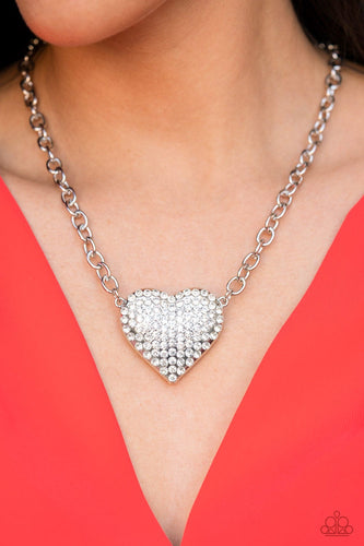 White Rhinestone Heart Silver Necklace - Paparazzi - January 2022 Life of the Party Exclusive