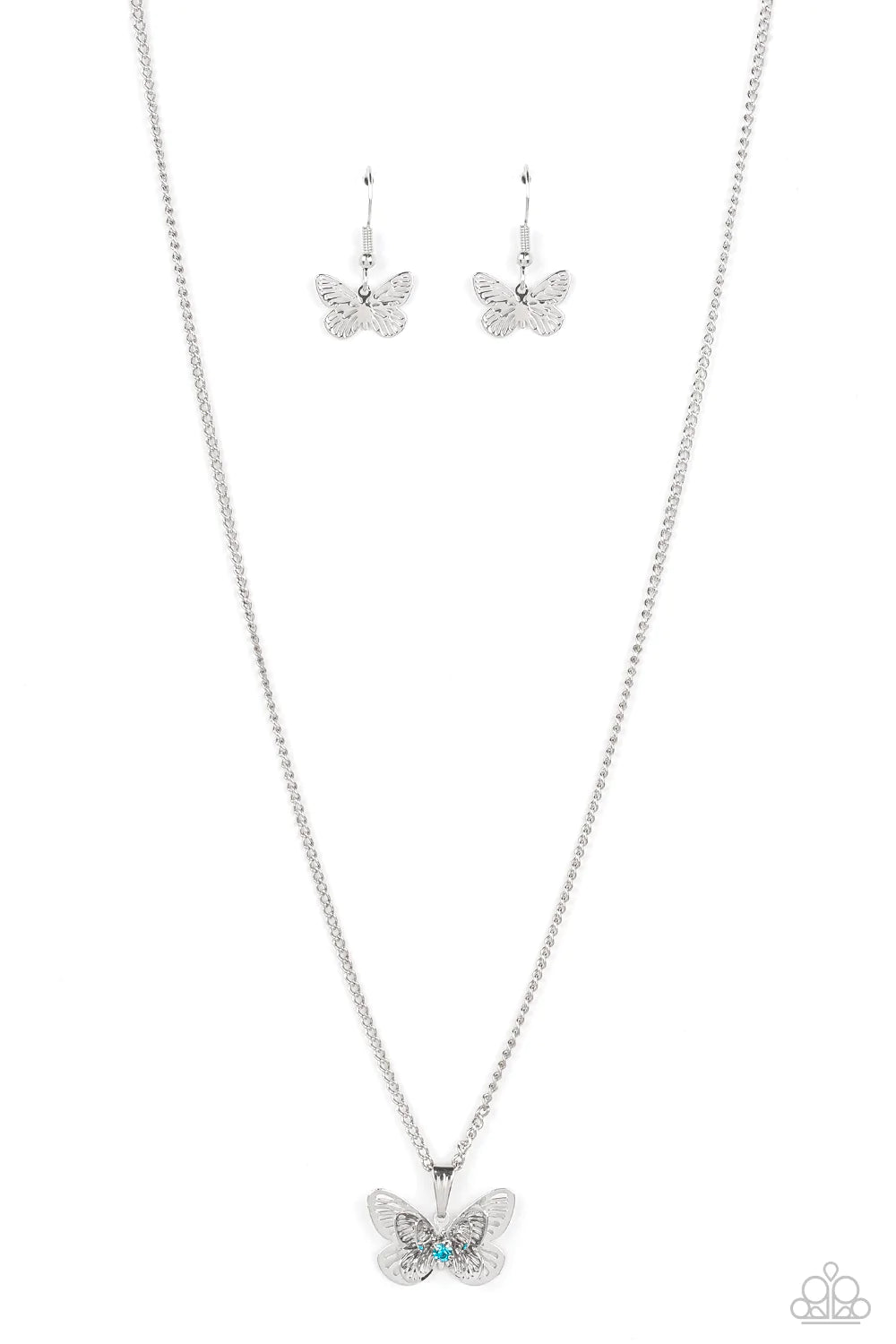 A whimsical 3-D butterfly in a high sheen silver finish elegantly slides along a silver chain. An Aquamarine rhinestone is nestled at the center of the butterfly's wings, adding a hint of sparkle to the design. Features an adjustable clasp closure.  Sold as one individual necklace. Includes one pair of matching earrings.