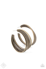 Load image into Gallery viewer, Textured brass rings merge with antiqued matte rings in a curvy ribbon of rustic drama as they wrap around behind the ear. Earring attaches to a standard post fitting. Hoop measures approximately 2&quot; in diameter.  Sold as one pair of hoop earrings.
