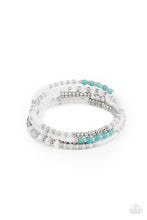 Load image into Gallery viewer, Sections of iridescent white seed beads alternate with silver, turquoise, and cloudy acrylic beads in infinite rows. The dreamy colors are threaded along a continuous strand of wire for an infinity wrap-style bracelet around the wrist.  Sold as one individual bracelet.
