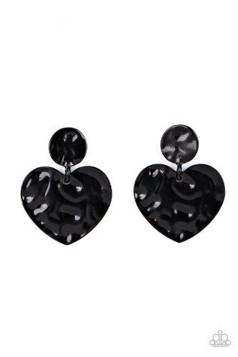 Painted in a glossy black finish, a hammered disc gives way to a hammered heart frame for a flirtatious fashion. Earring attaches to a standard post fitting.  Sold as one pair of post earrings.