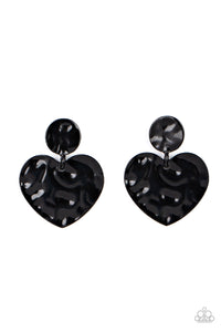 Painted in a glossy black finish, a hammered disc gives way to a hammered heart frame for a flirtatious fashion. Earring attaches to a standard post fitting.  Sold as one pair of post earrings.