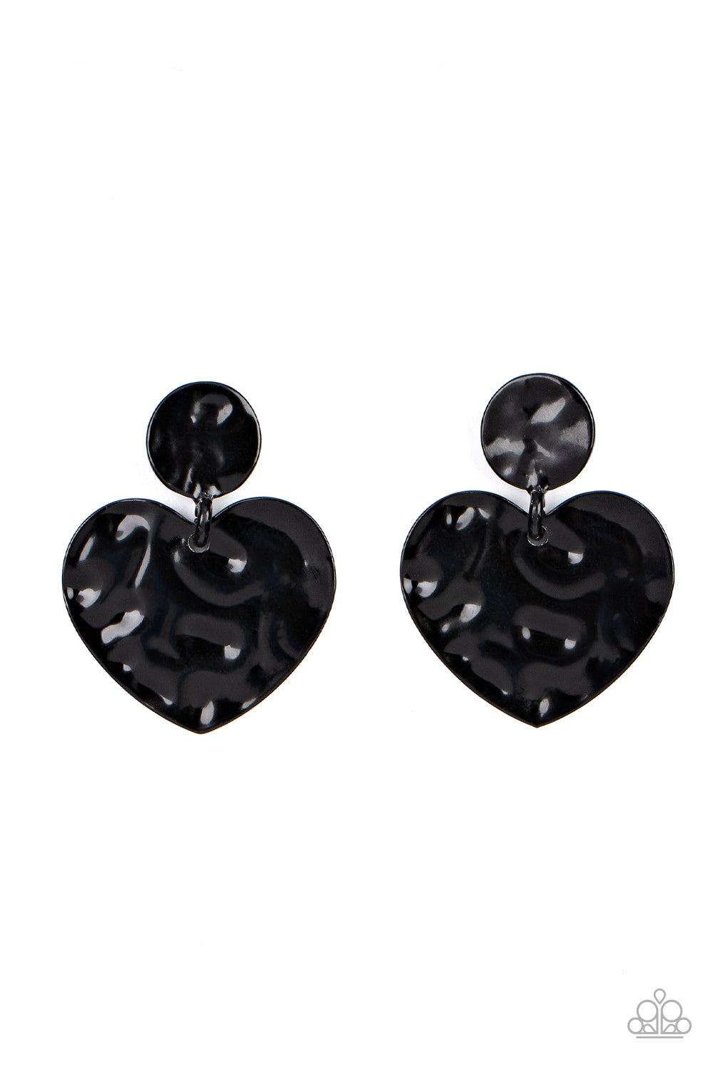 Painted in a glossy black finish, a hammered disc gives way to a hammered heart frame for a flirtatious fashion. Earring attaches to a standard post fitting.  Sold as one pair of post earrings.