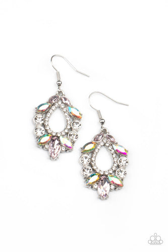 Featuring regal marquise and classic round cuts, a glittery collection of pink, white, and iridescent rhinestones coalesce into a jaw-dropping teardrop frame. Earring attaches to a standard fishhook fitting.