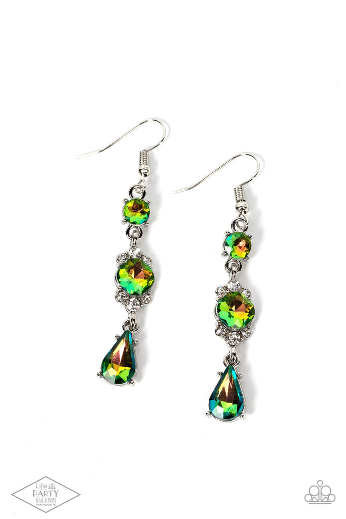 Featuring a white rhinestone encrusted frame, an oversized oil spill rhinestone is linked between a classic round and teardrop oil spill rhinestone for an elegantly stacked look. Earring attaches to a standard fishhook fitting.  Sold as one pair of earrings.