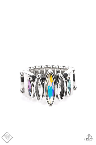 Featuring a stellar iridescence, marquise cut rhinestones alternate with airy silver marquise frames across the finger, coalescing into a futuristic sparkle. Features a stretchy band for a flexible fit. Due to its prismatic palette, color may vary.  Sold as one individual ring.  New Kit Fashion Fix