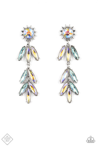 A silver sunburst frame wraps around an iridescent gem as it gives way to an explosion of marquise cut rhinestones in the same dreamy finish. The oblong frames swing dramatically from the ear, capturing and reflecting light at every turn. Earring attaches to a standard post fitting. Due to its prismatic palette, color may vary.  Sold as one pair of post earrings.  New Kit Double-Sided Post Fashion Fix
