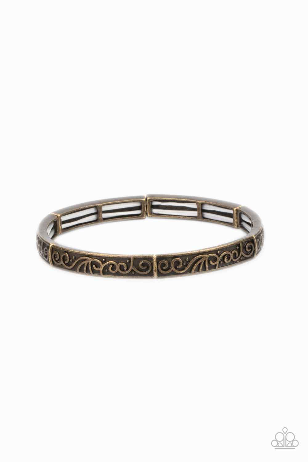 Antiqued brass filigree vines across the front of dainty brass frames that are threaded along stretchy bands around the wrist for a seasonal look.  Sold as one individual bracelet.