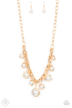 Load image into Gallery viewer, Classic white pearls and solitaire pearls that are threaded along a rod inside imperfect gold rings swing from a chunky section of double-linked gold chain, creating a dramatic display across the chest. Features an adjustable clasp closure.  Sold as one individual necklace. Includes one pair of matching earrings.
