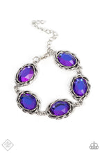 Load image into Gallery viewer, A row of brilliantly faceted gems is encased in layered antiqued silver frames. Featuring a metallic-like finish, the oval multicolored purple gems link end to end for an illustrious appeal around the wrist. Features an adjustable clasp closure.  Sold as one individual bracelet.
