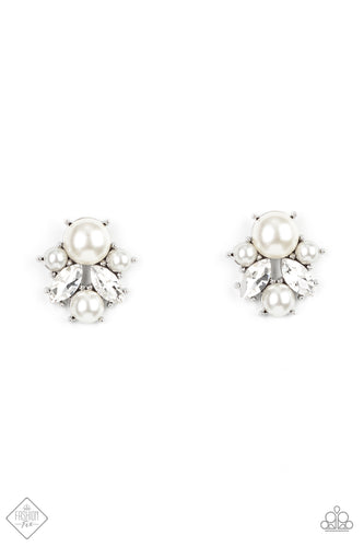 Featuring shiny silver fittings, a royal collection of bubbly pearls and glassy marquise cut white rhinestones delicately cluster into an elegant frame. Earring attaches to a standard post fitting.  Sold as one pair of post earrings.