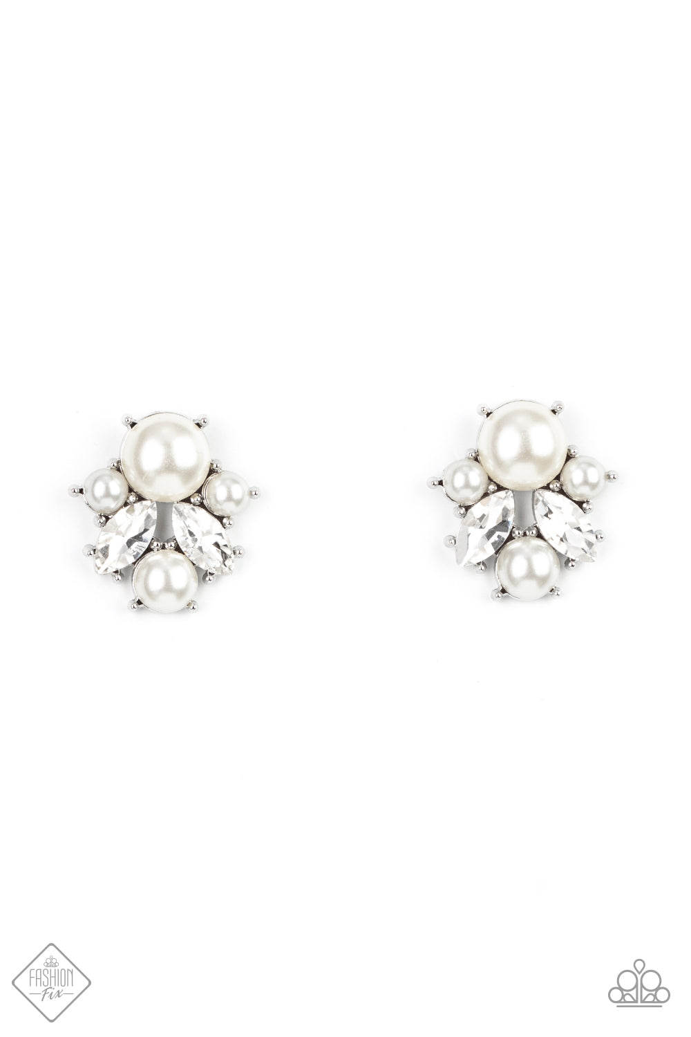 Featuring shiny silver fittings, a royal collection of bubbly pearls and glassy marquise cut white rhinestones delicately cluster into an elegant frame. Earring attaches to a standard post fitting.  Sold as one pair of post earrings.